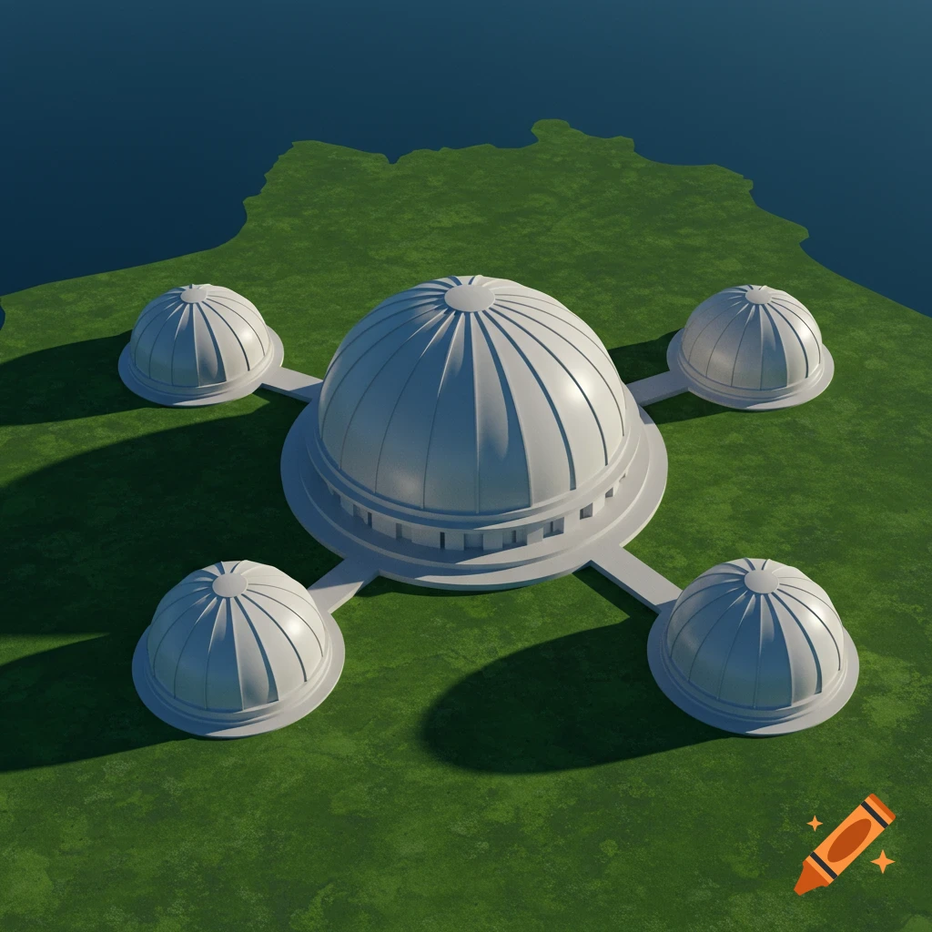 3D render of a large central dome with four smaller connected domes on green land next to water, viewed from above.