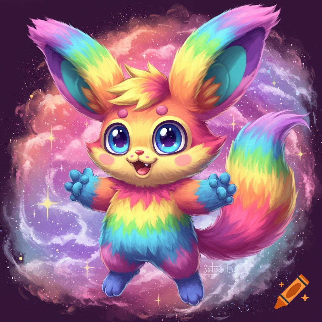 A colorful rainbow creature with big ears and eyes stands in space.