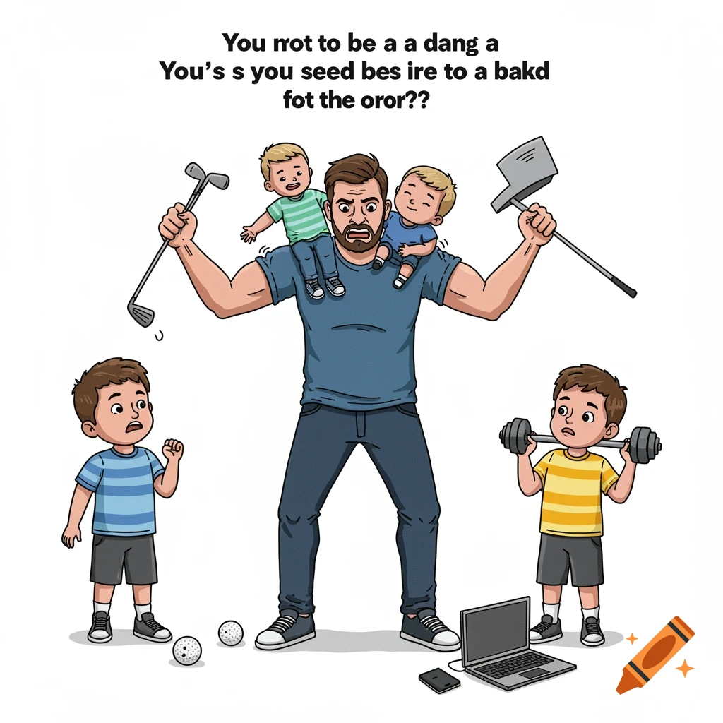 Cartoon of a dad with two young sons on his shoulders, holding a golf club and shovel, while two older sons stand below with golf balls and a dumbbell, next to a laptop and phone.