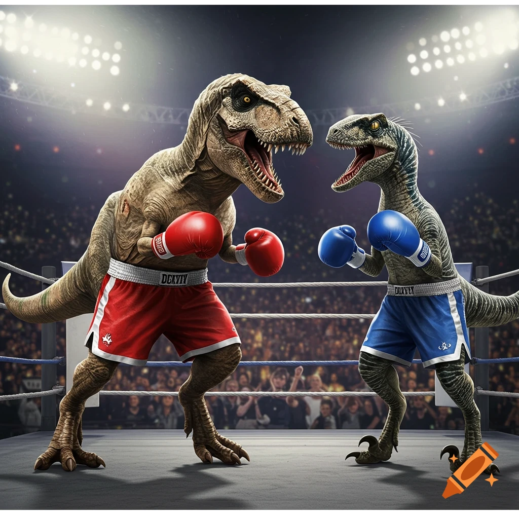 Realistic Tyrannosaurus Rex and Velociraptor boxing in a ring with red and blue gloves and shorts.