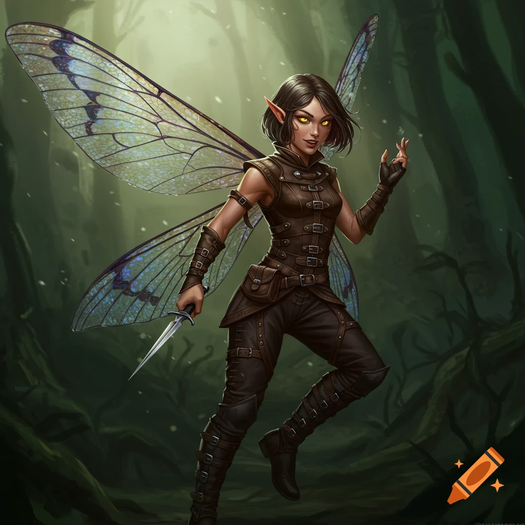 A rogue fairy with insect wings and leather armor in a forest, holding a dagger.