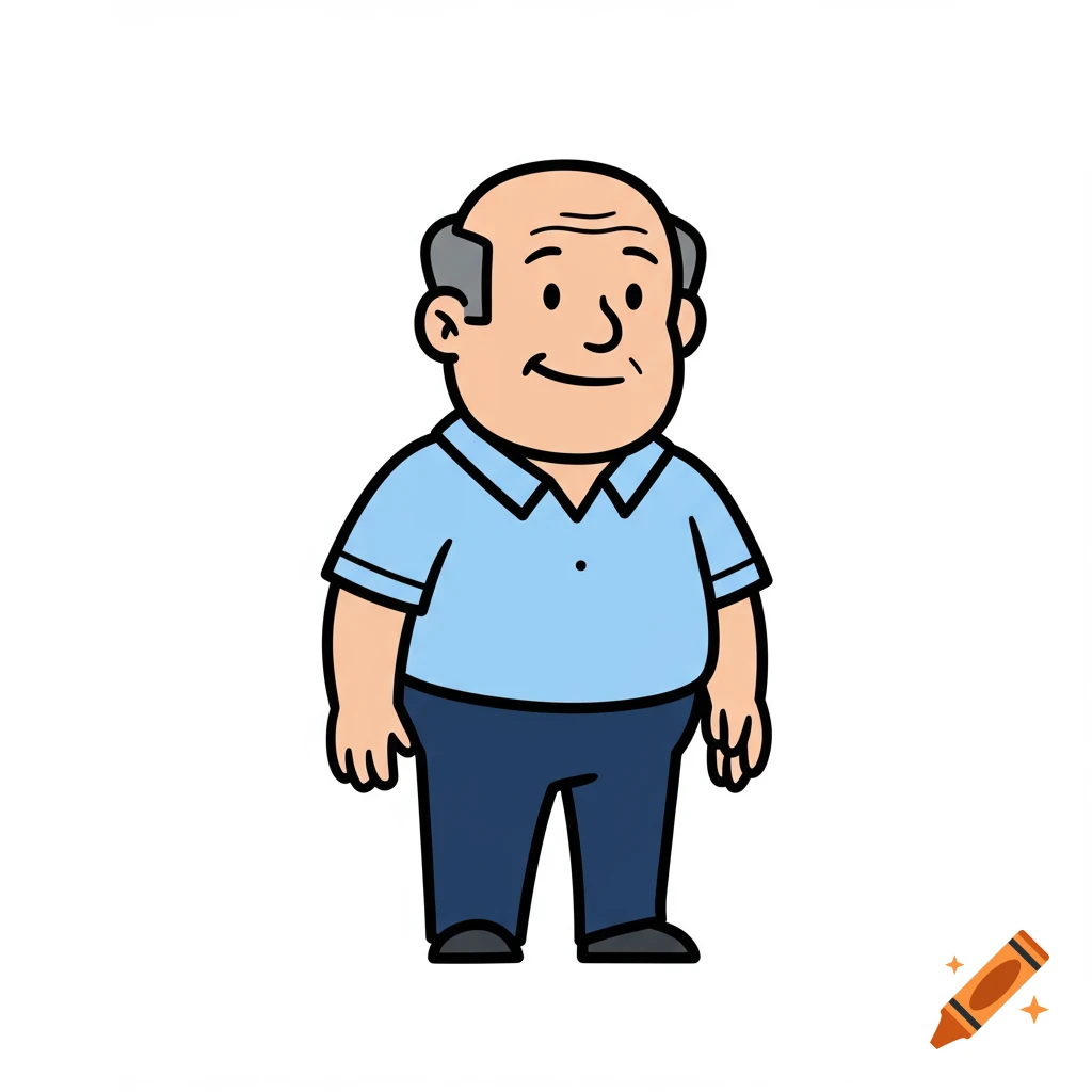 Vector cartoon of an older man in a blue polo shirt and dark pants.
