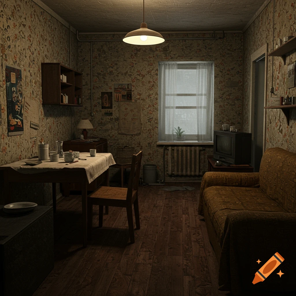 A dimly lit, vintage-style room with old furniture, patterned wallpaper, and a window.
