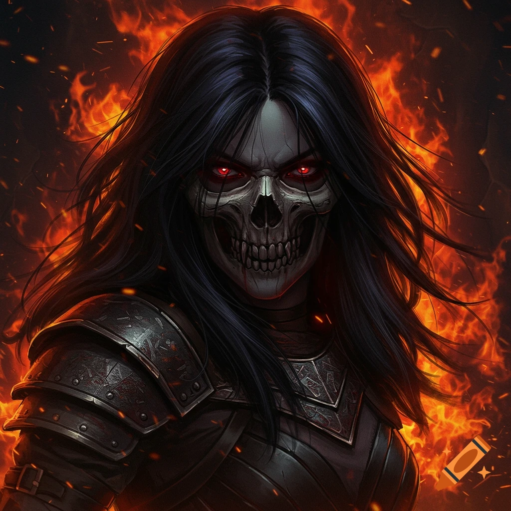 A female fantasy villain with a skull face, red eyes, wearing armor, surrounded by fire.