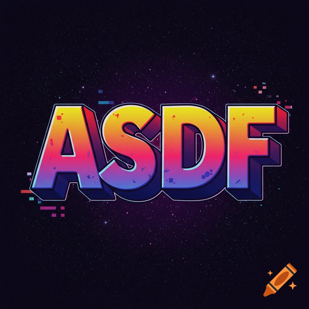 Large, colorful text 'ASDF' on a dark, starry background with pixel glitches, digital art style.