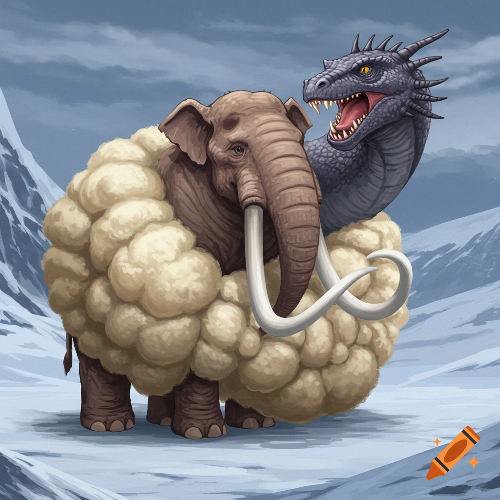 A fantasy creature combining a mammoth and a dragon, covered in wool, standing in a snowy mountain landscape.
