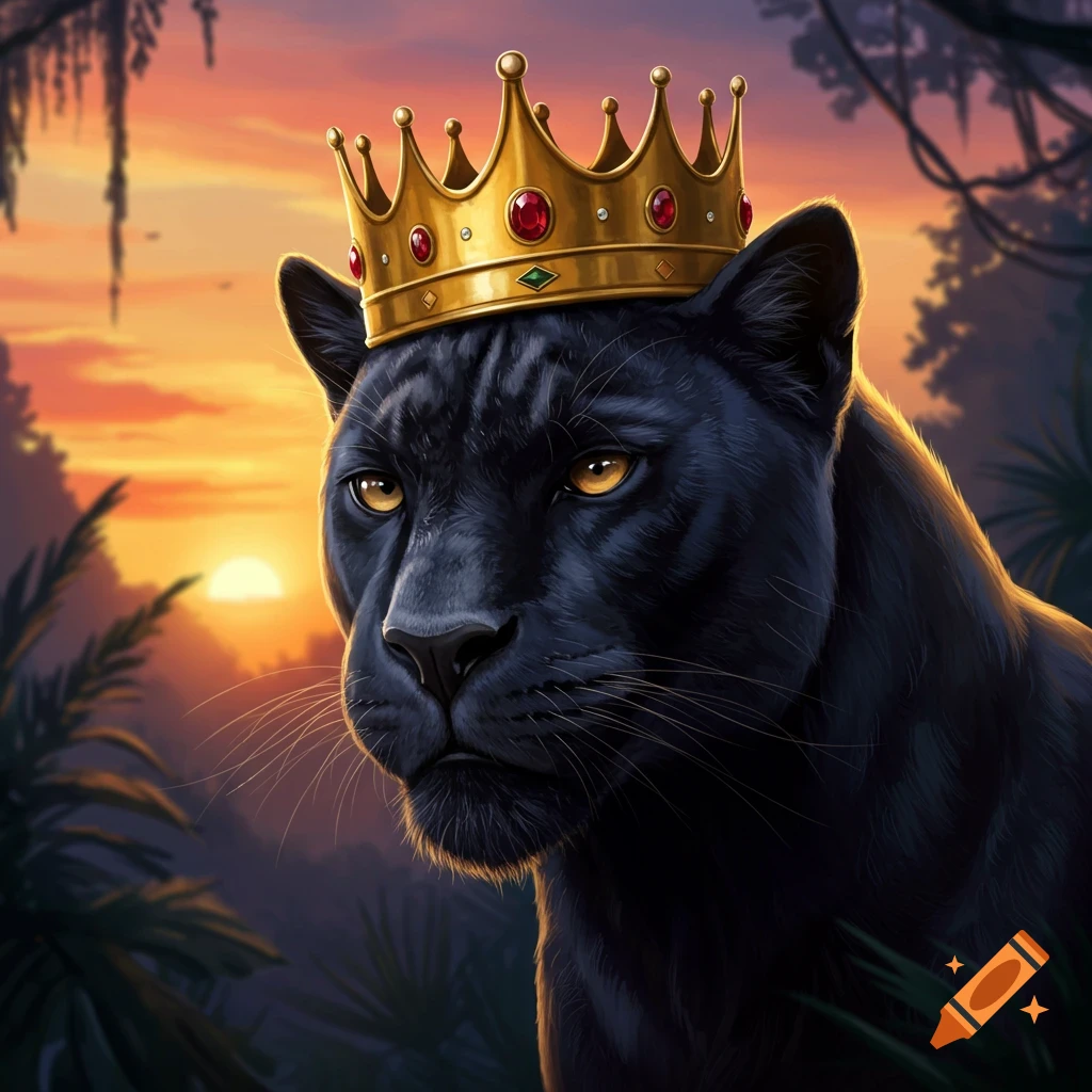 A black panther wearing a golden crown in a jungle at sunset.