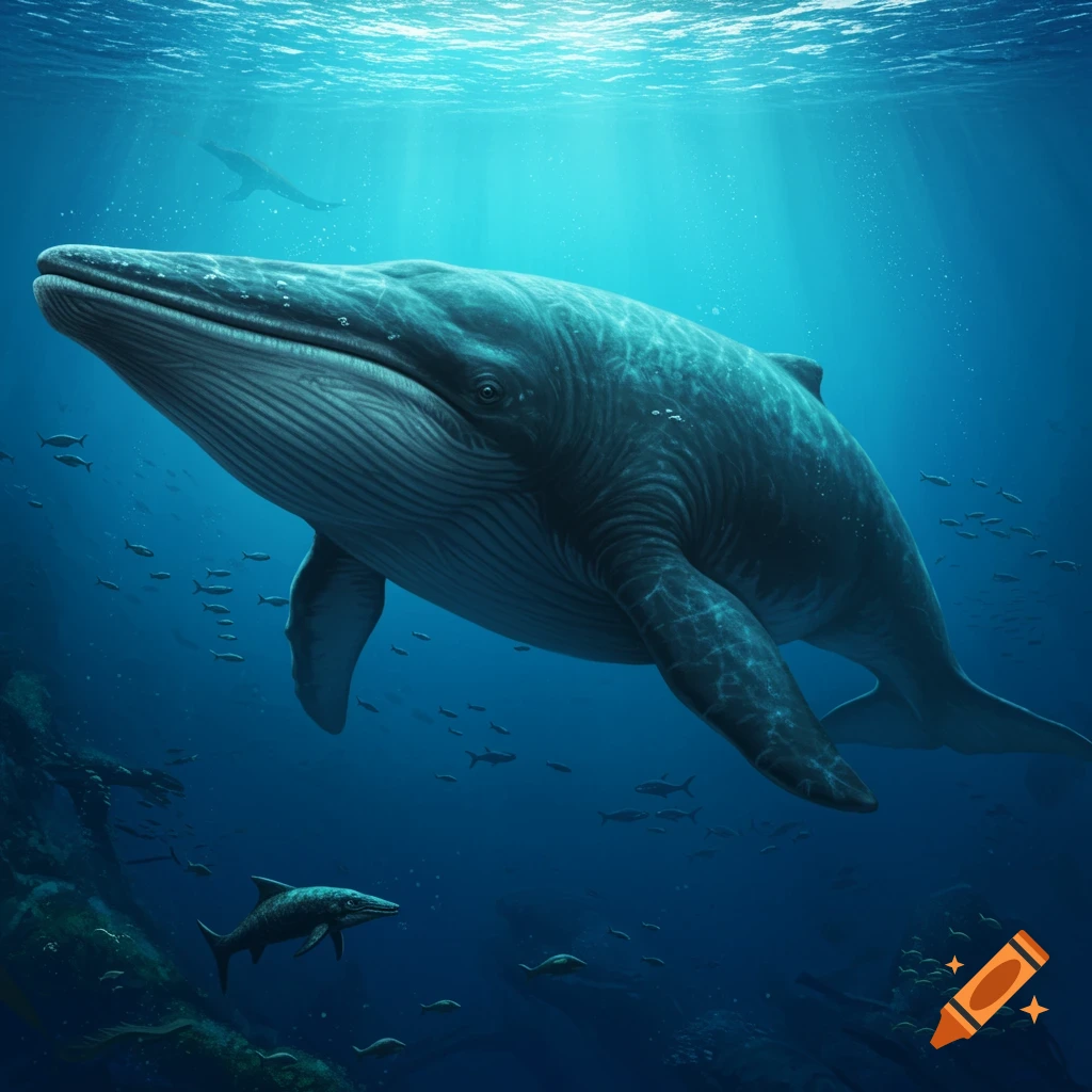 A large whale swimming in a deep blue ocean with sunlight rays and smaller fish.