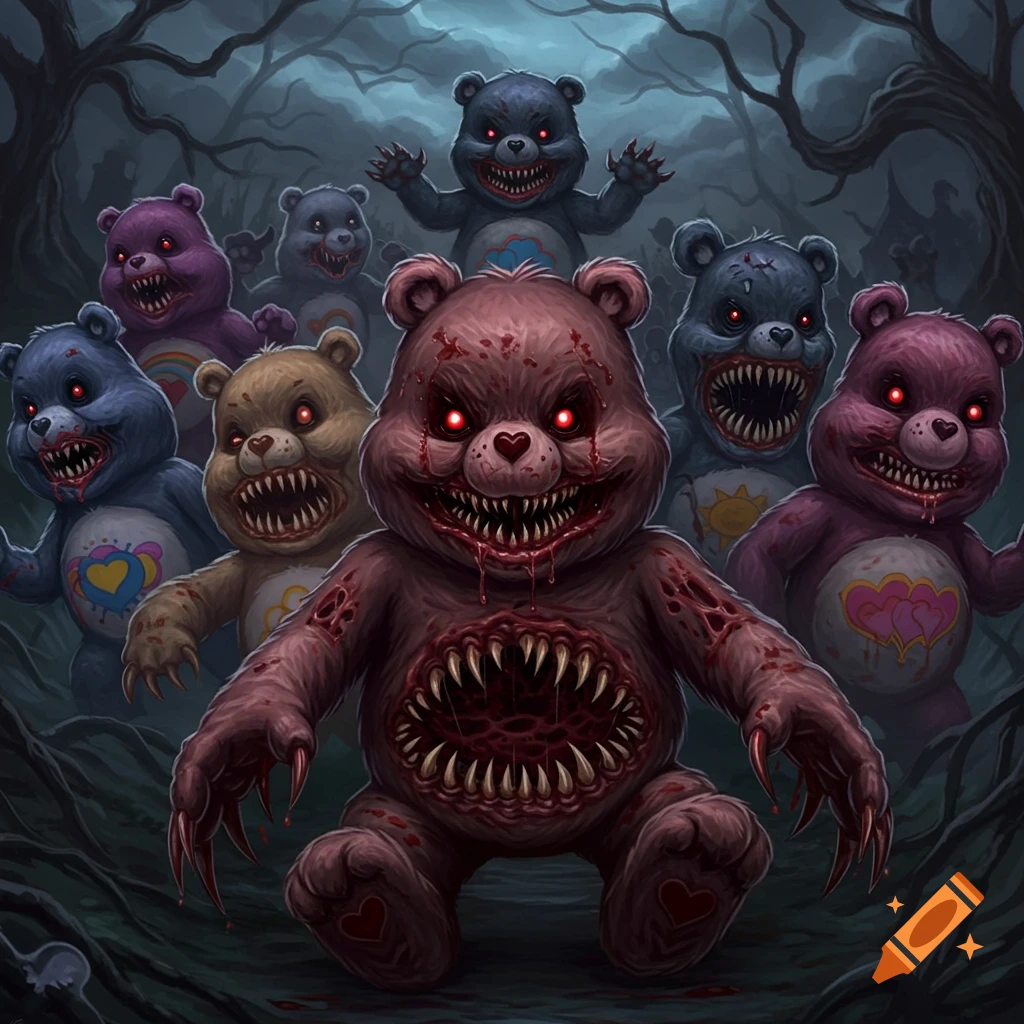 Scary, monstrous teddy bears with sharp teeth and glowing eyes in a dark forest.