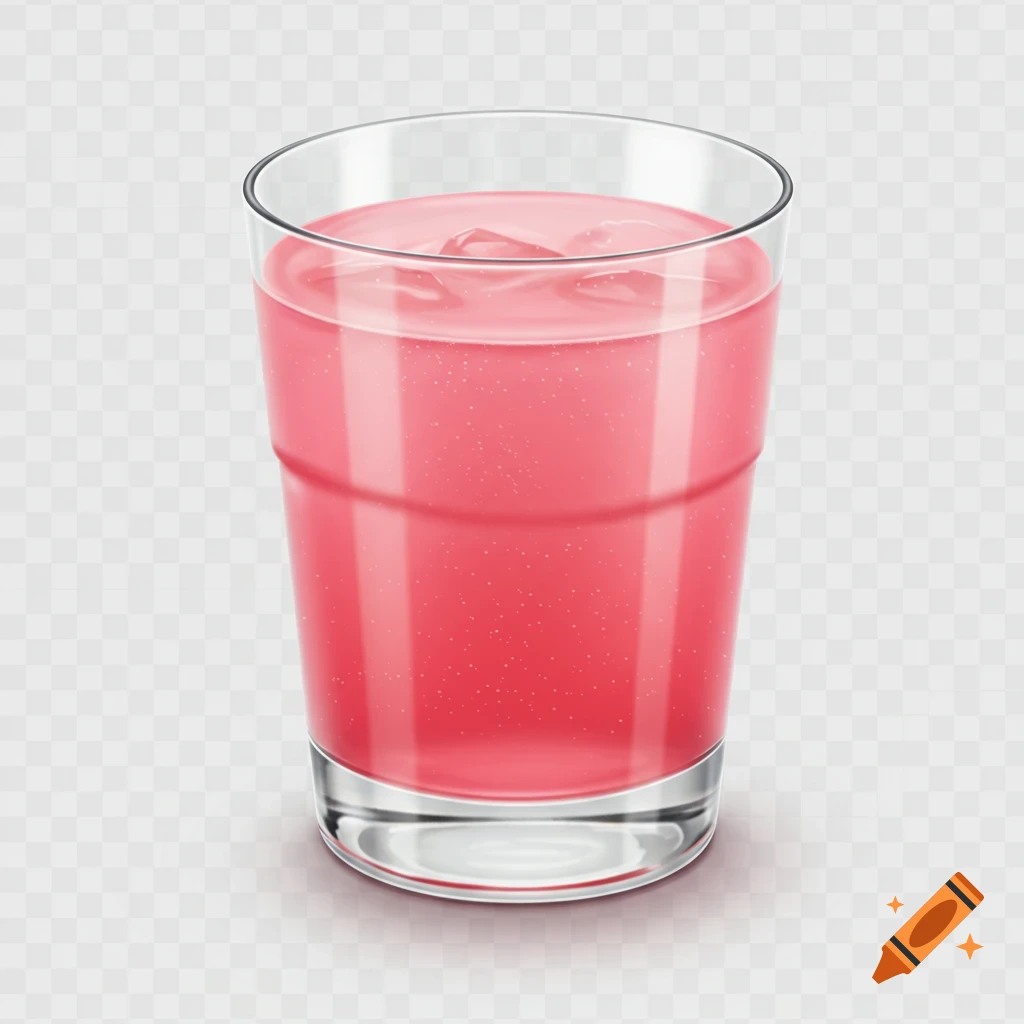 A glass of pink liquid with ice cubes on a transparent background.