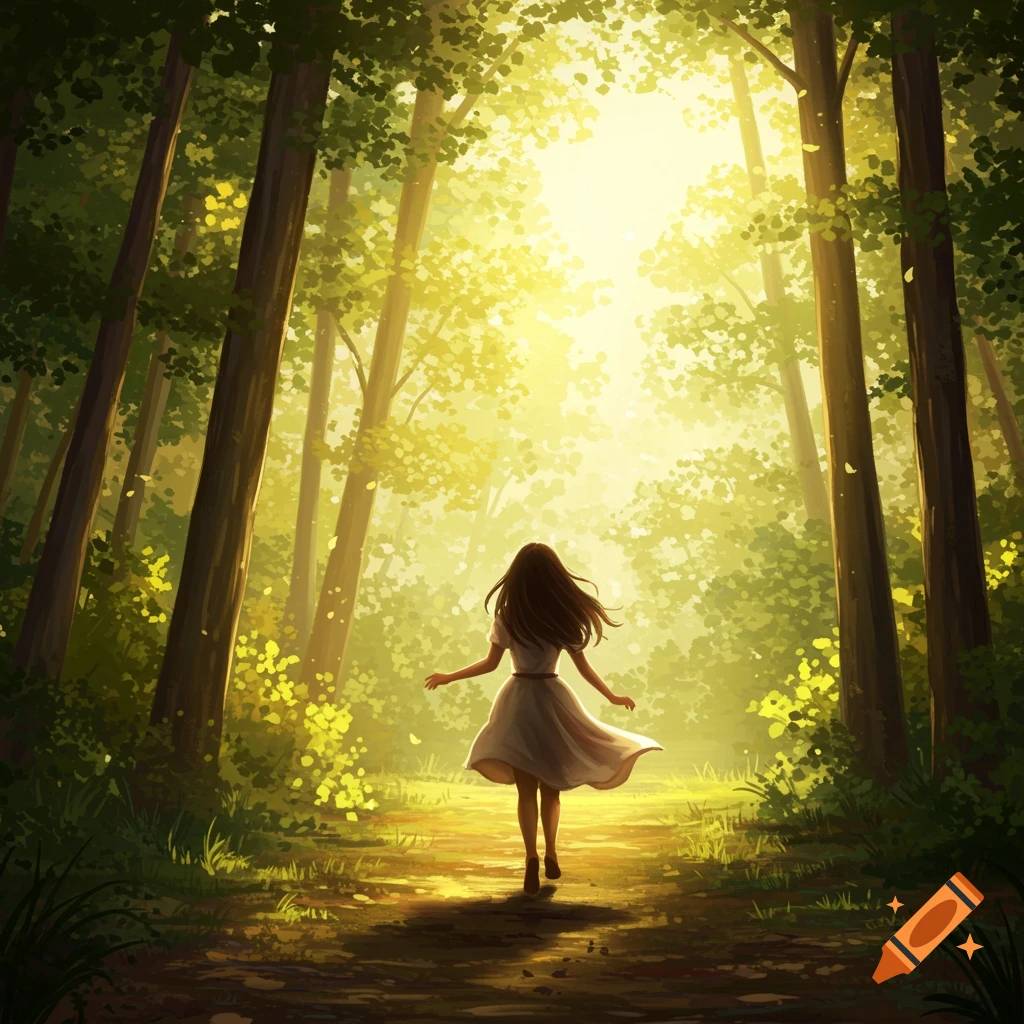 Girl in white dress running through sun-dappled forest path.