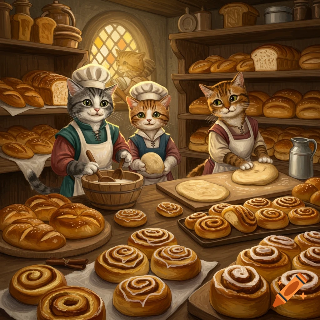 Medieval cats are baking bread and cinnamon rolls in a bakery.