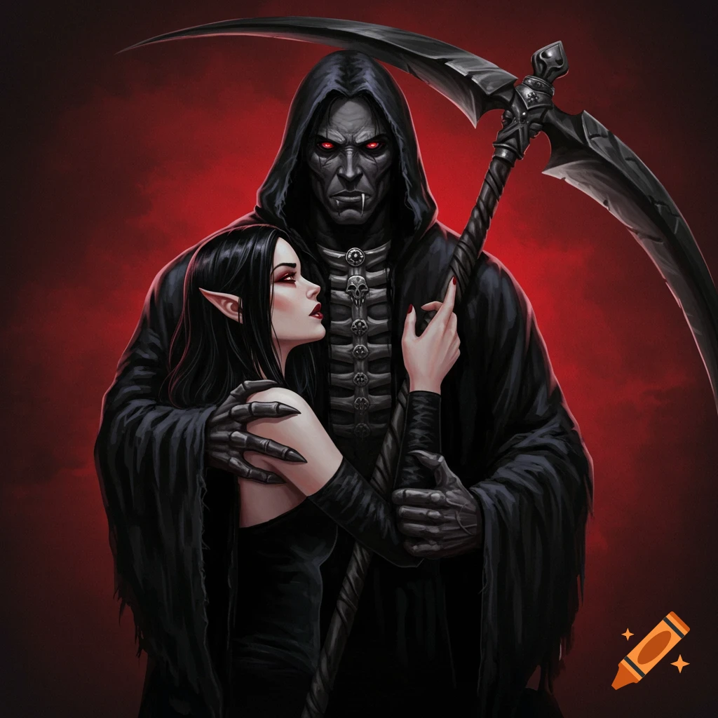A grim reaper figure is holding a woman with pointed ears against a red background.
