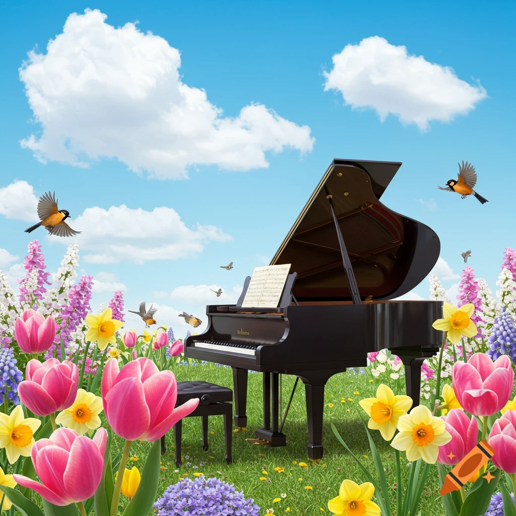 A grand piano stands in a field of spring flowers with birds flying under a blue sky.