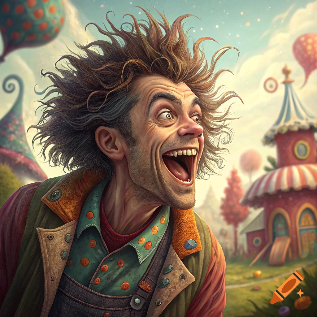 Man with wild hair and wide eyes laughing in a colorful, whimsical landscape