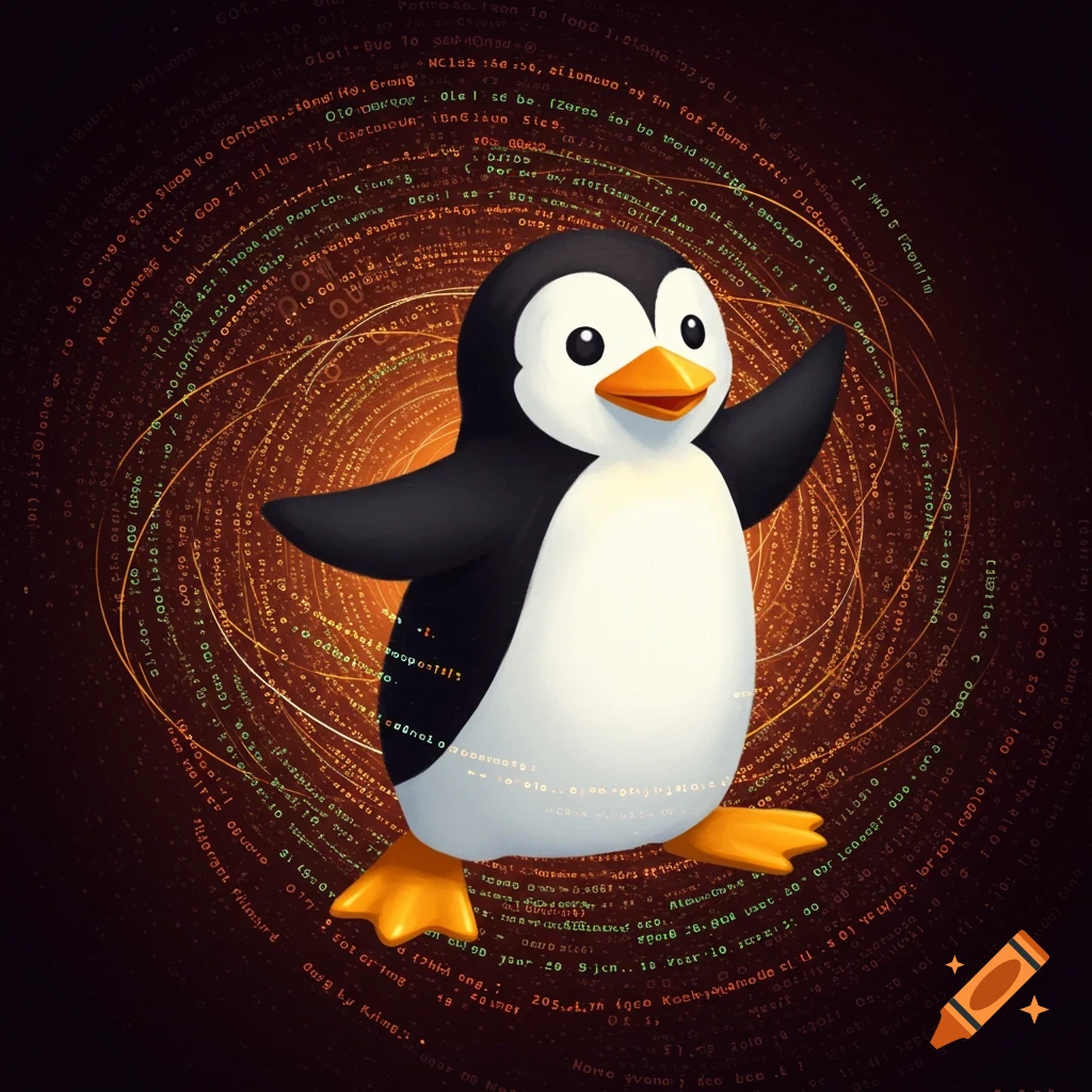 The Linux penguin mascot, Tux, standing in front of swirling orange text and code symbols.