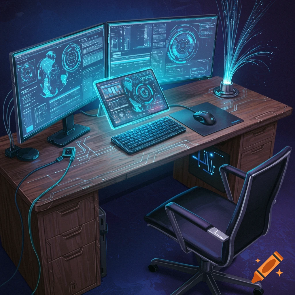 A futuristic technology-infused desk with multiple screens displaying data and glowing elements.