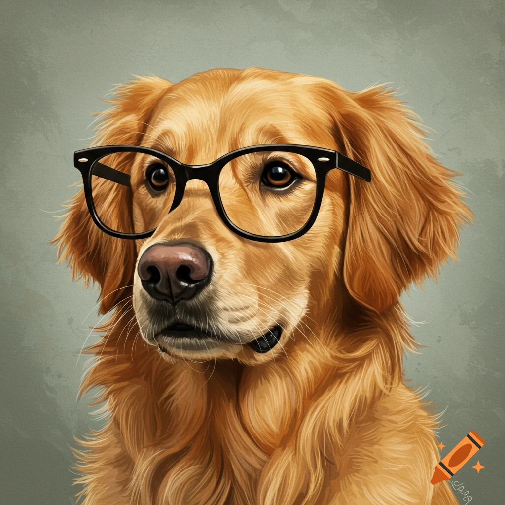 A close-up of a golden retriever wearing black-rimmed glasses.