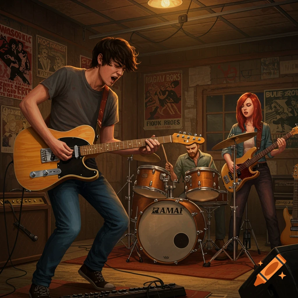 A band playing music in a garage rehearsal space.