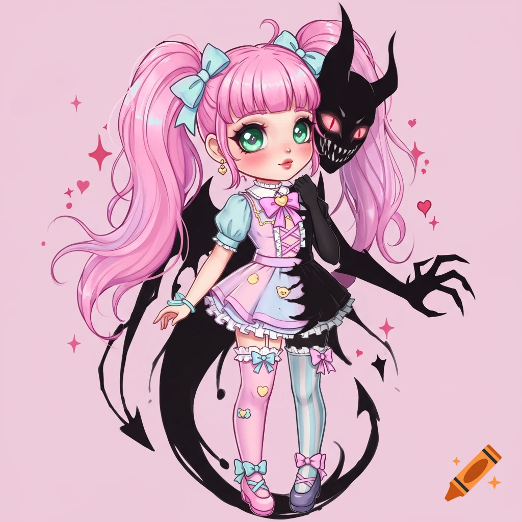Kawaii girl with pink hair and pastel dress standing with a shadowy demon figure, illustration.