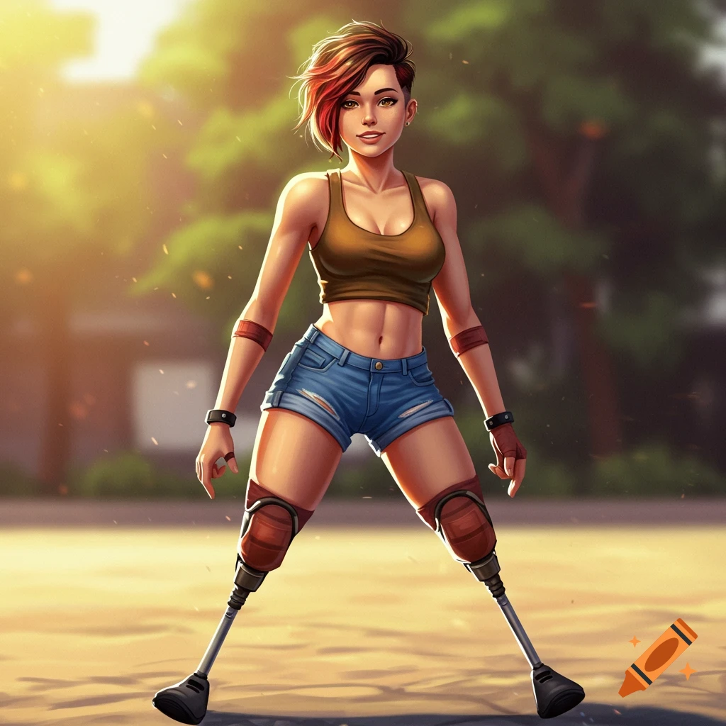 A young woman with prosthetic legs standing outdoors.