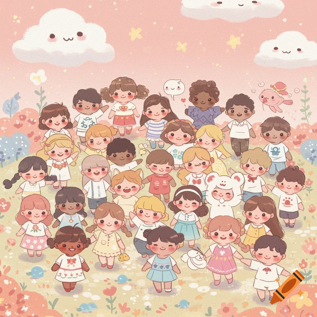 Whimsical illustration of a large diverse group of children standing in a field with clouds.