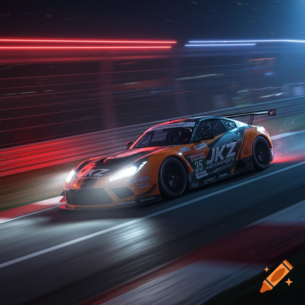 Orange and black race car speeds on a track at night, illuminated by headlights and track lights.
