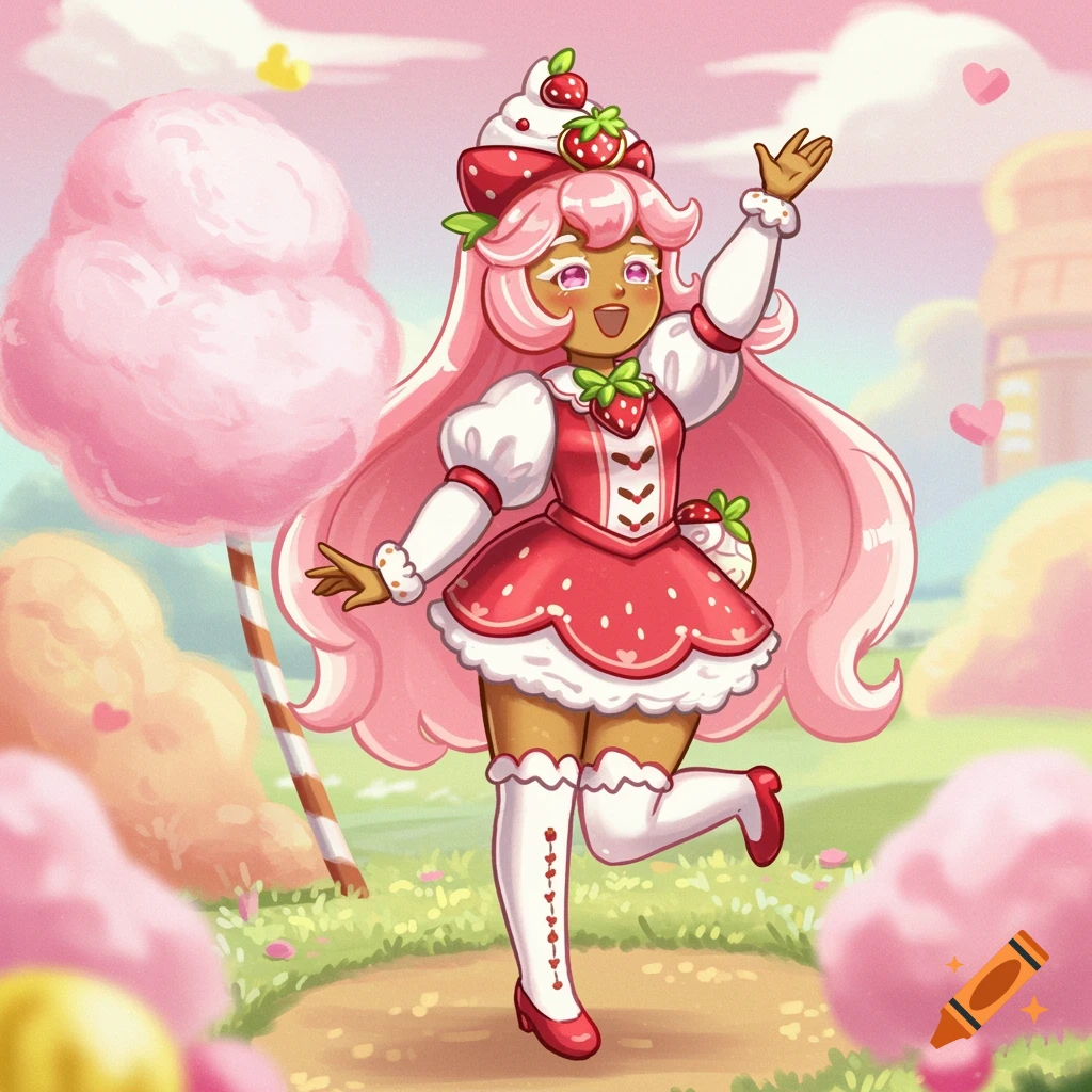 Cartoon character with pink hair and strawberry dress stands in pastel candy land.