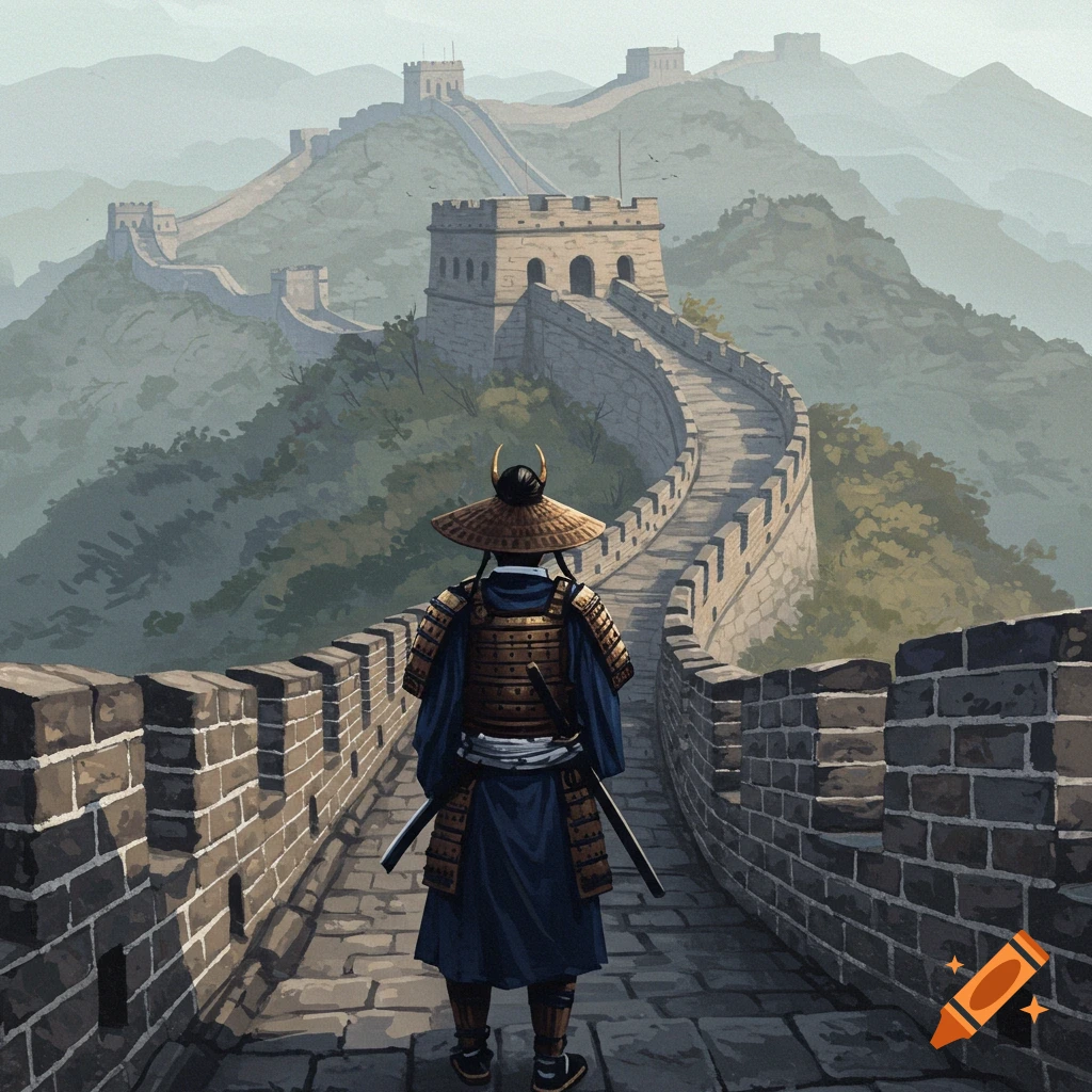 A samurai in armor stands on the Great Wall of China, seen from behind.