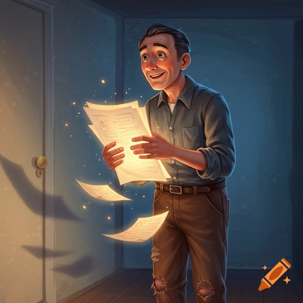 A man is in a room, looking excitedly at glowing papers in his hands as sparks fly.