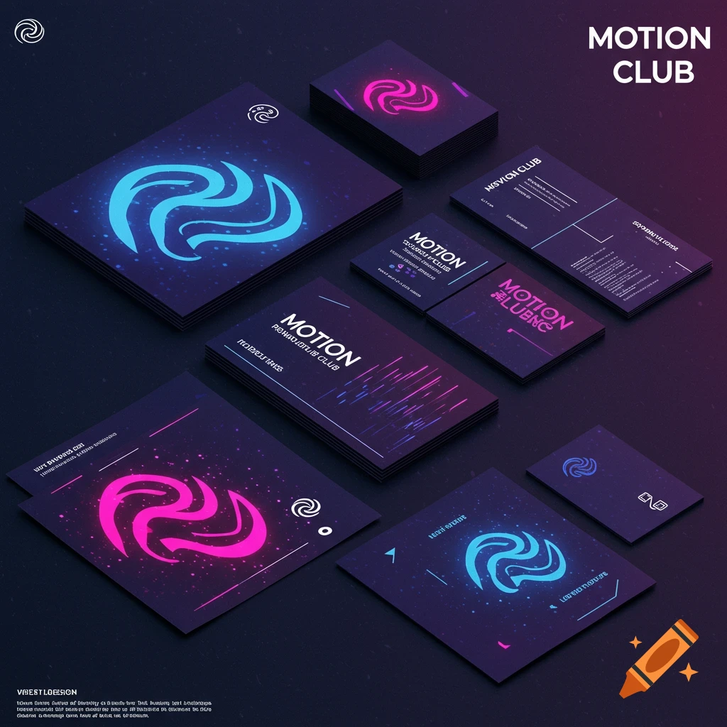 Several cards and branding materials for 'Motion Club' with a glowing blue and pink logo, in a modern, futuristic style.