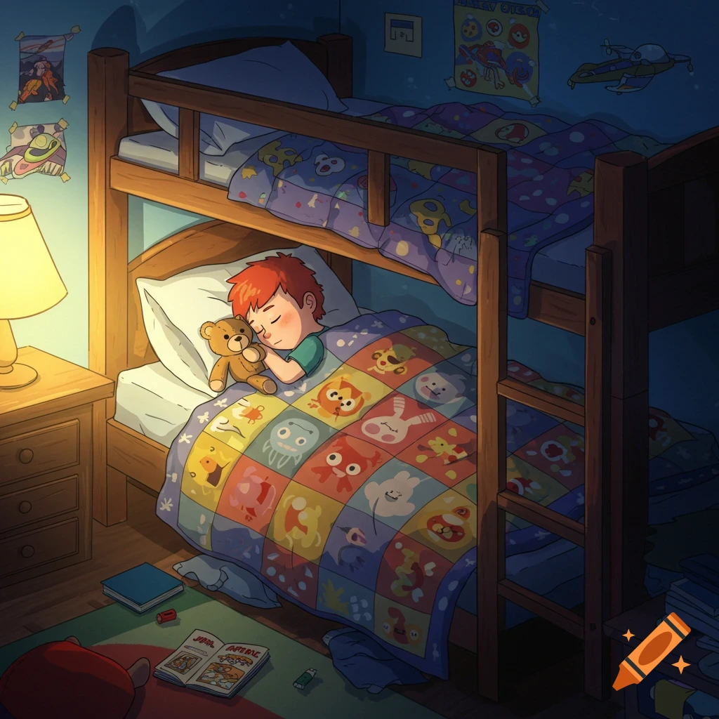 A child sleeps soundly in the lower bunk of a bunk bed, clutching a teddy bear under a colorful quilt, in a dimly lit bedroom.