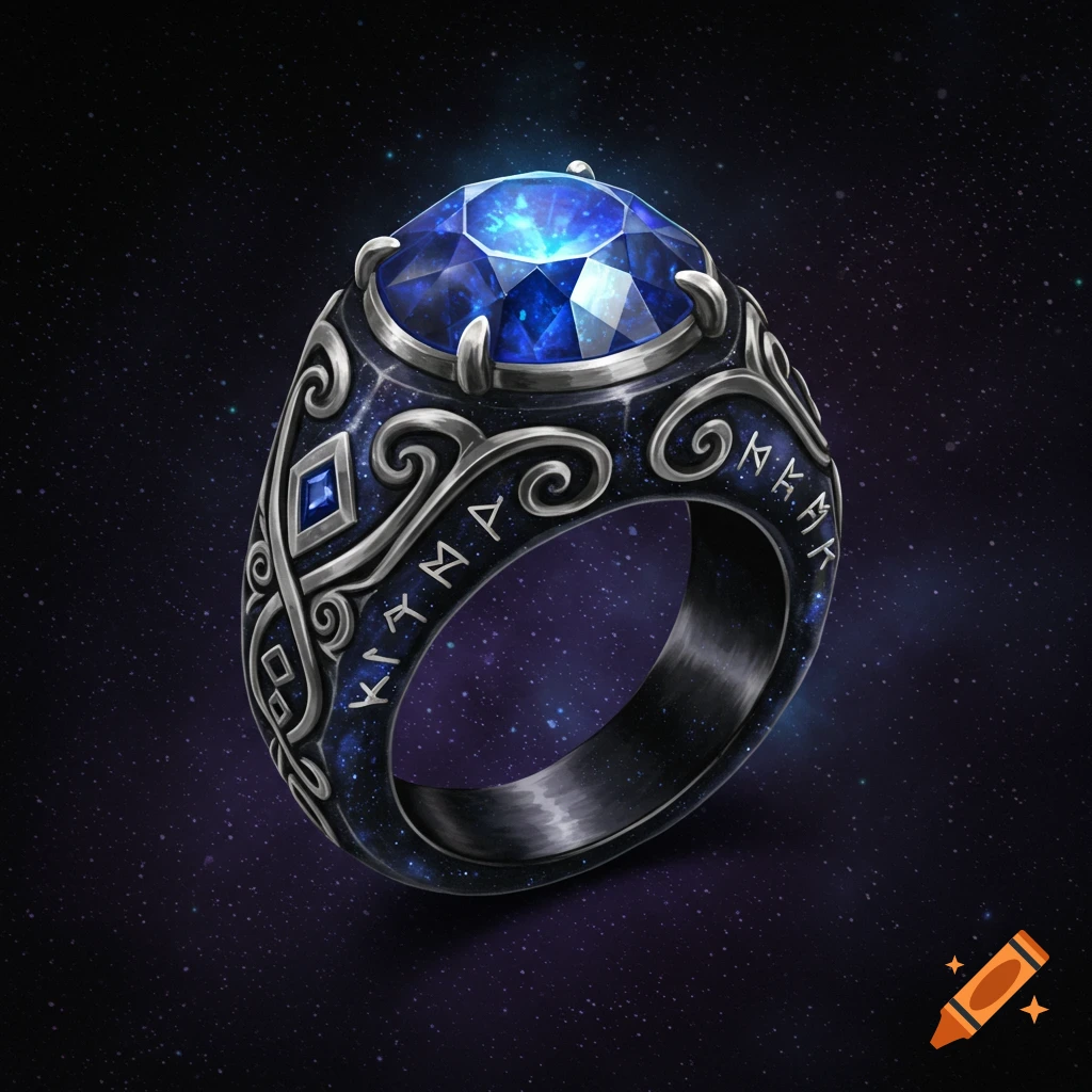 A dark fantasy ring with a large blue gemstone and runes is shown against a starry background.