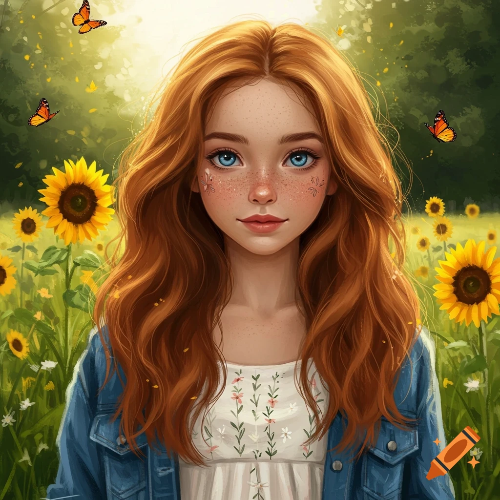 A girl with red hair and blue eyes is in a field of sunflowers and butterflies.