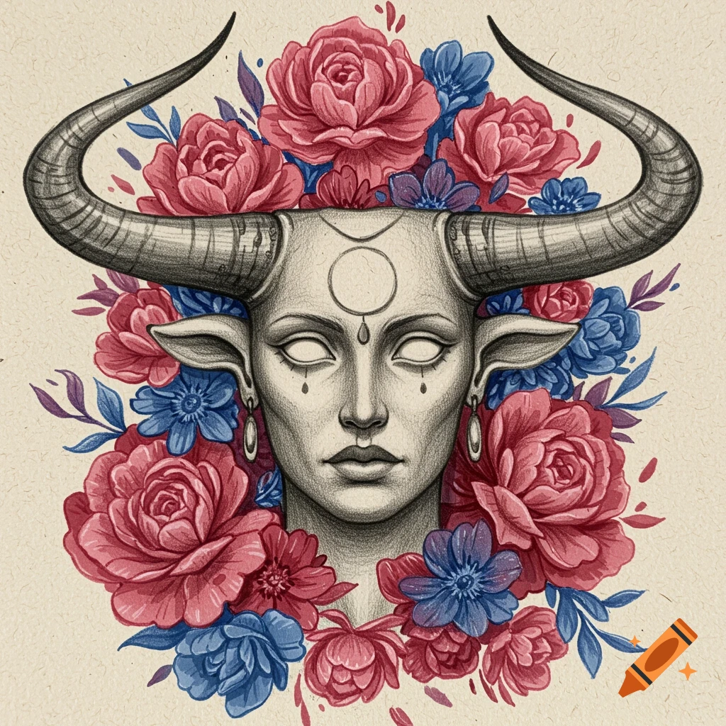 Detailed sketch of a Taurus Goddess with horns surrounded by red and blue flowers.