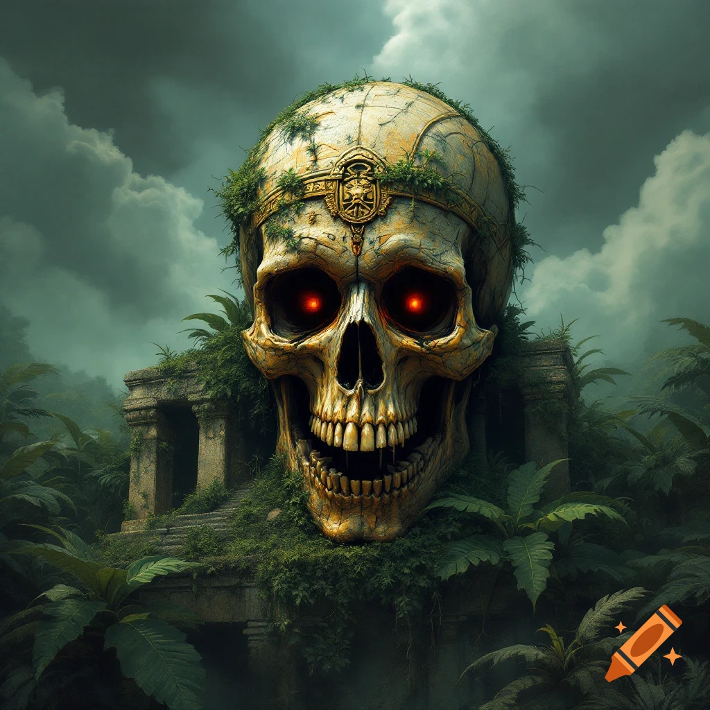 Giant skull ruin with glowing eyes covered in moss and vines in a jungle under cloudy sky.
