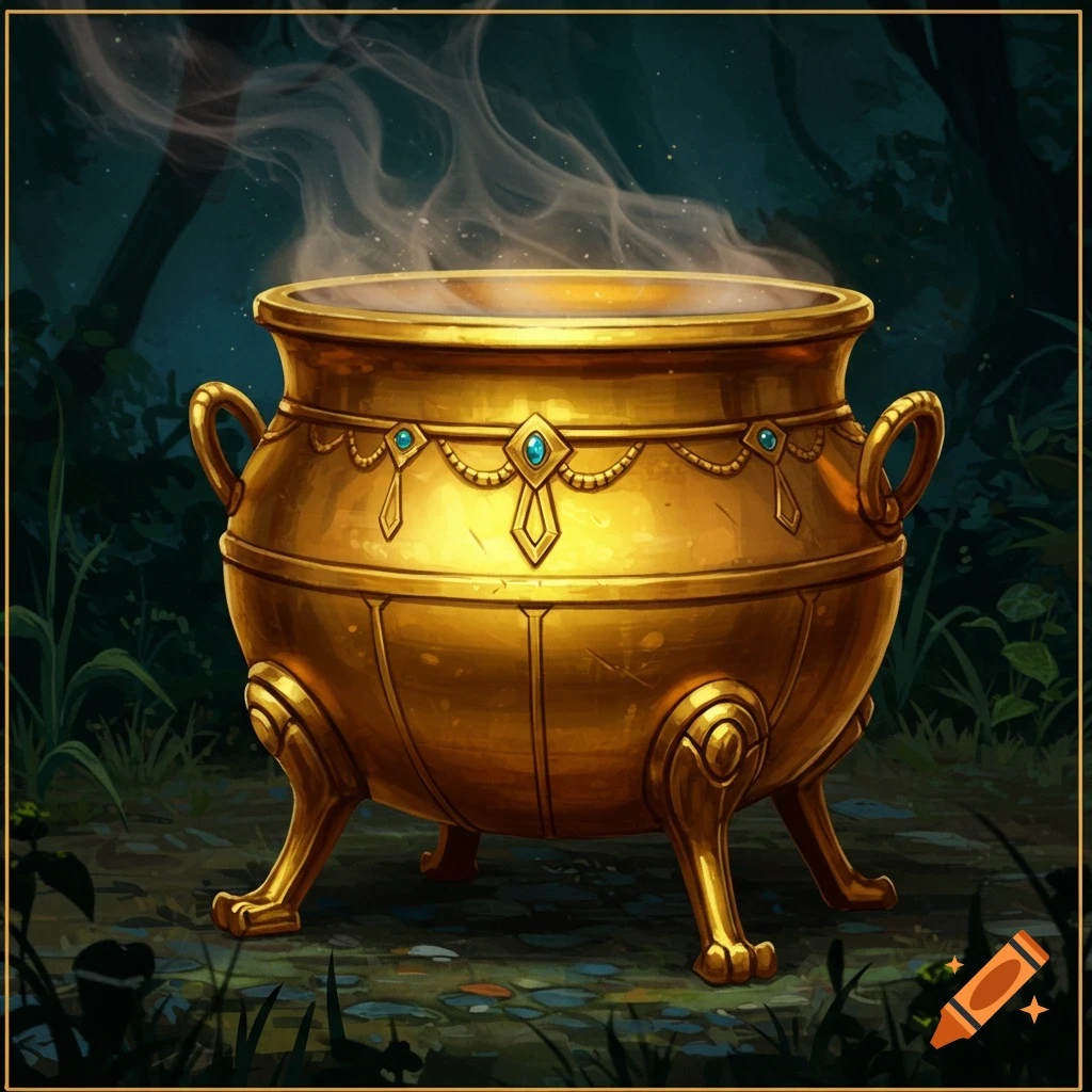 A golden cauldron with steam rising sits in a dark forest clearing.