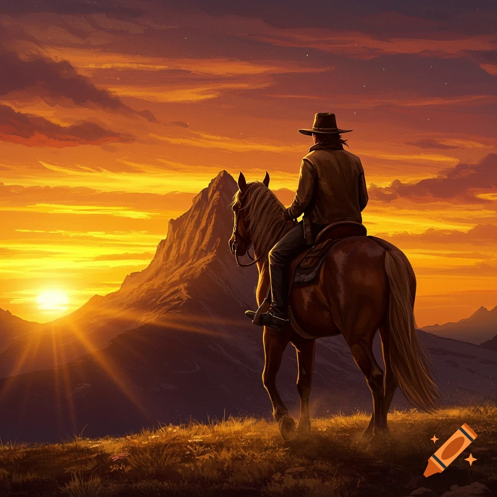 A cowboy riding a horse into a golden sunset with mountains.