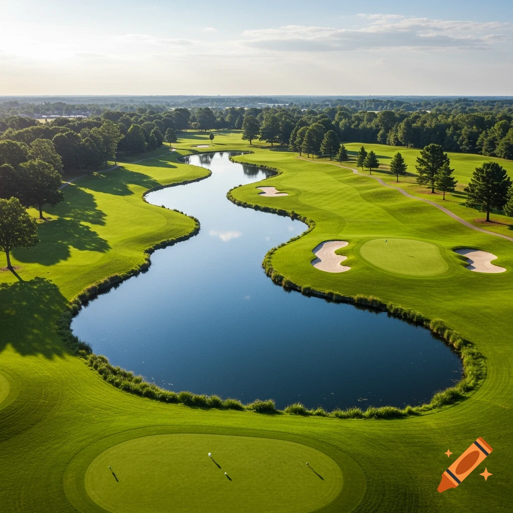 Aerial view of a winding river through a lush green golf course with sand traps and trees under a clear sky.