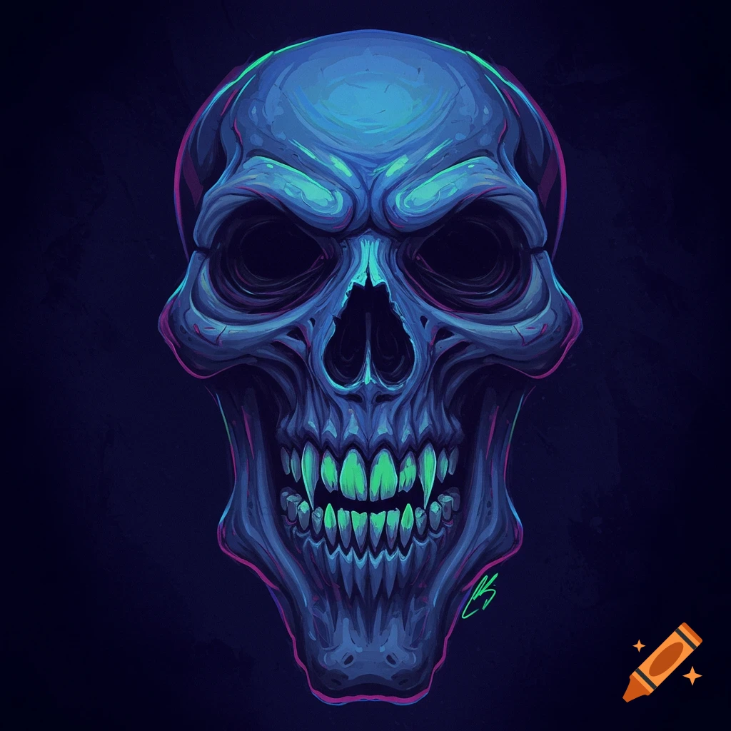 Stylized blue deformed skull with green teeth.