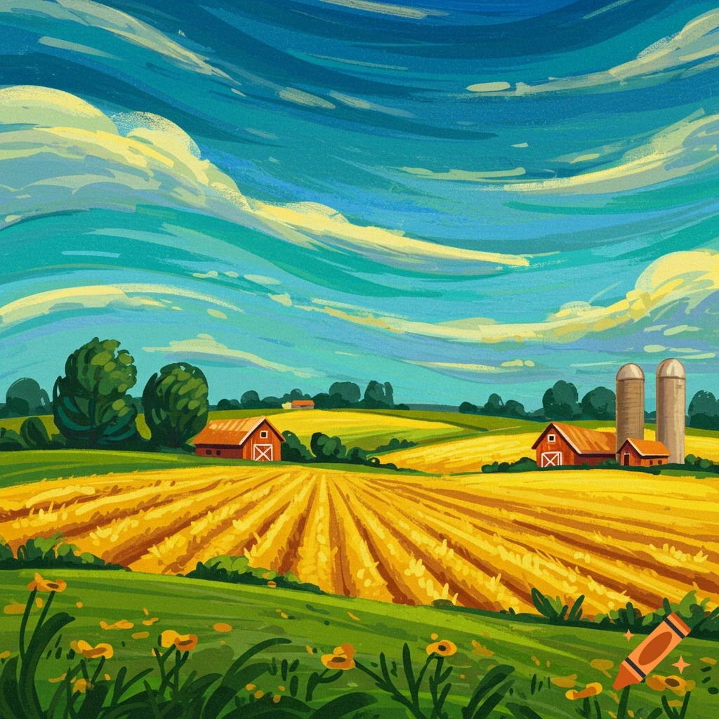 A colorful abstract farm landscape with red barns, silos, and yellow fields under a dramatic sky.