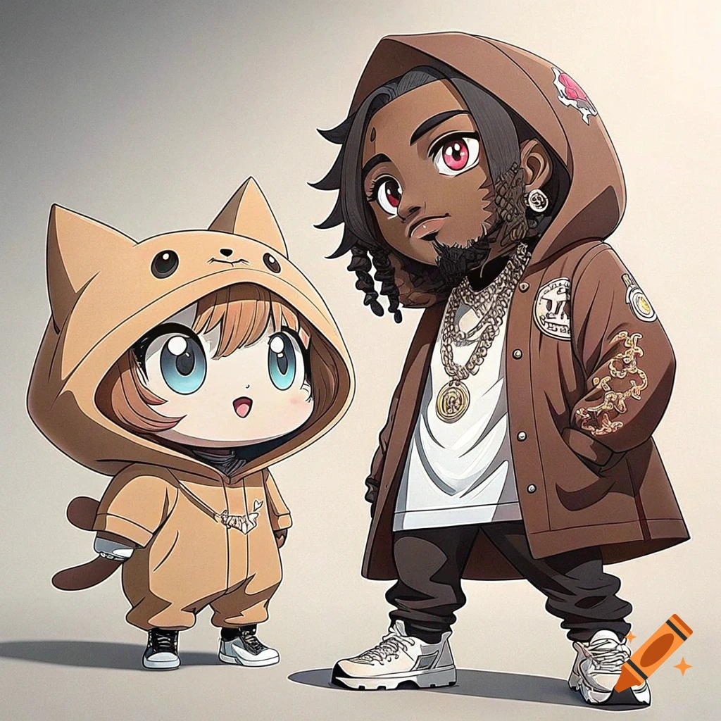 Two stylized characters, one small in a cat suit, one larger in a brown coat and gold chains, stand together.