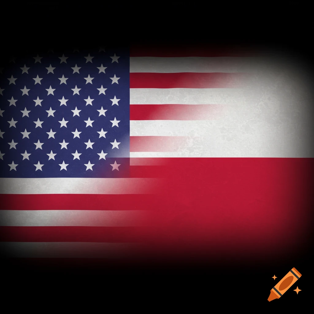 Textured image of the US flag transitioning into the Polish flag
