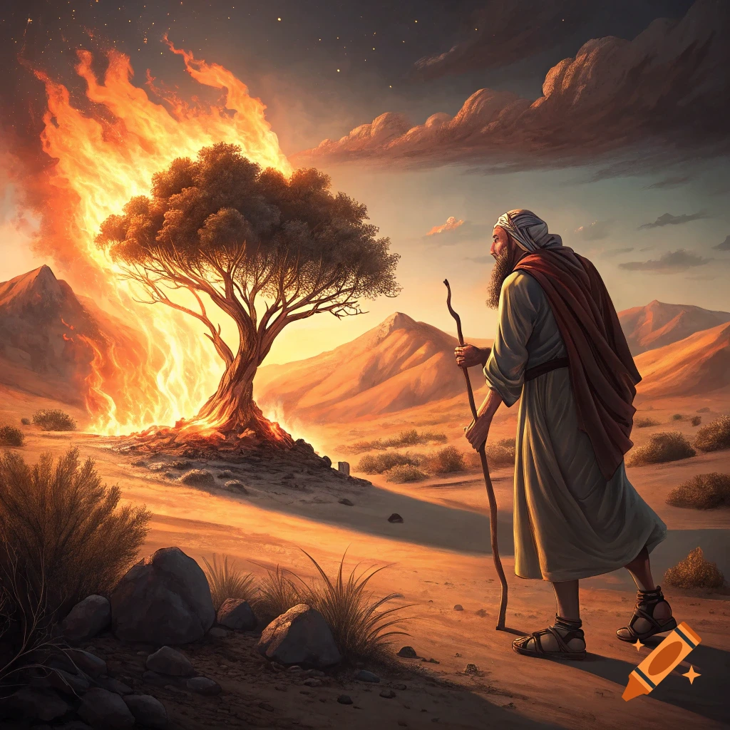 Moses approaches a burning bush in a desert landscape at sunset.