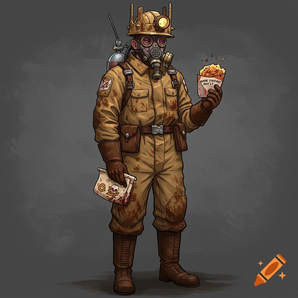 Digital illustration of a person in a gas mask, helmet, and stained suit holding a container of food and a paper with symbols.