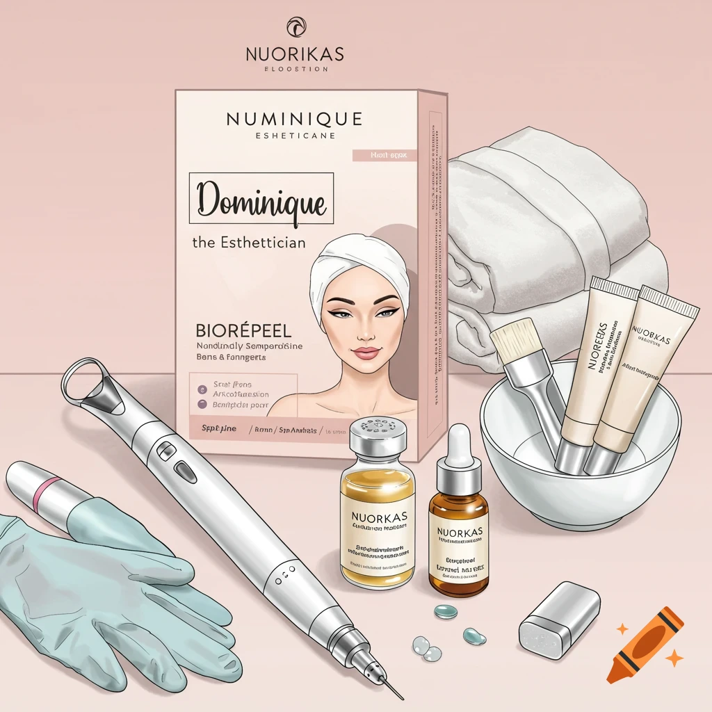 A collection of beauty products and tools, including a microneedling pen, bottles, tubes, bowl, brush, gloves, and a box with a woman's face.