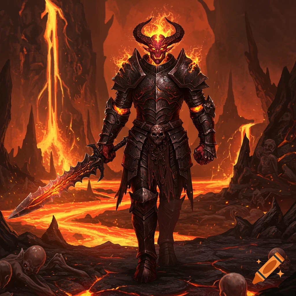 A fully armored fire demon stands with a sword in a hellish landscape of lava and rocks.