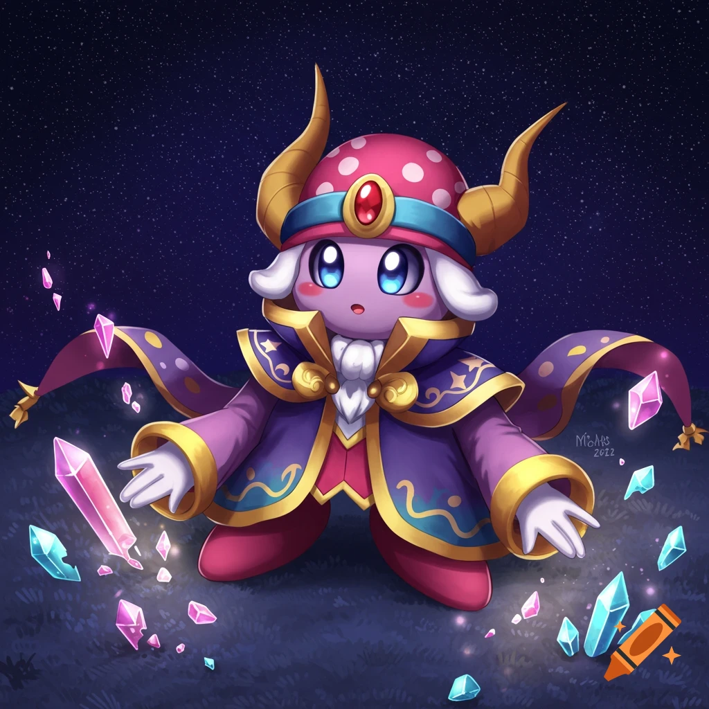 Taranza from Kirby surrounded by glowing crystals under a starry sky.