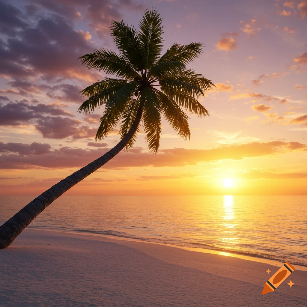 A palm tree leans over a white sand beach at sunset.