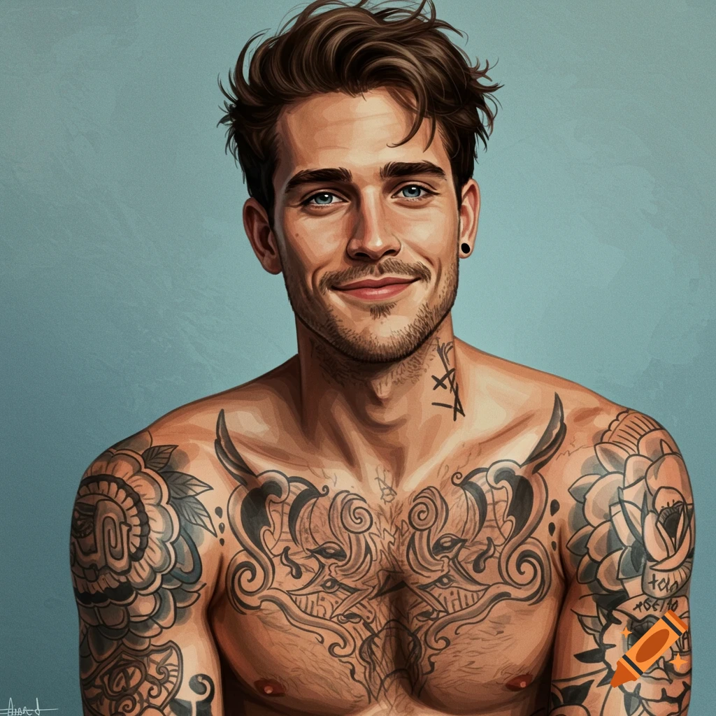 Portrait of a smiling man with blue eyes and extensive tattoos on his chest, arms, and neck, against a blue background.